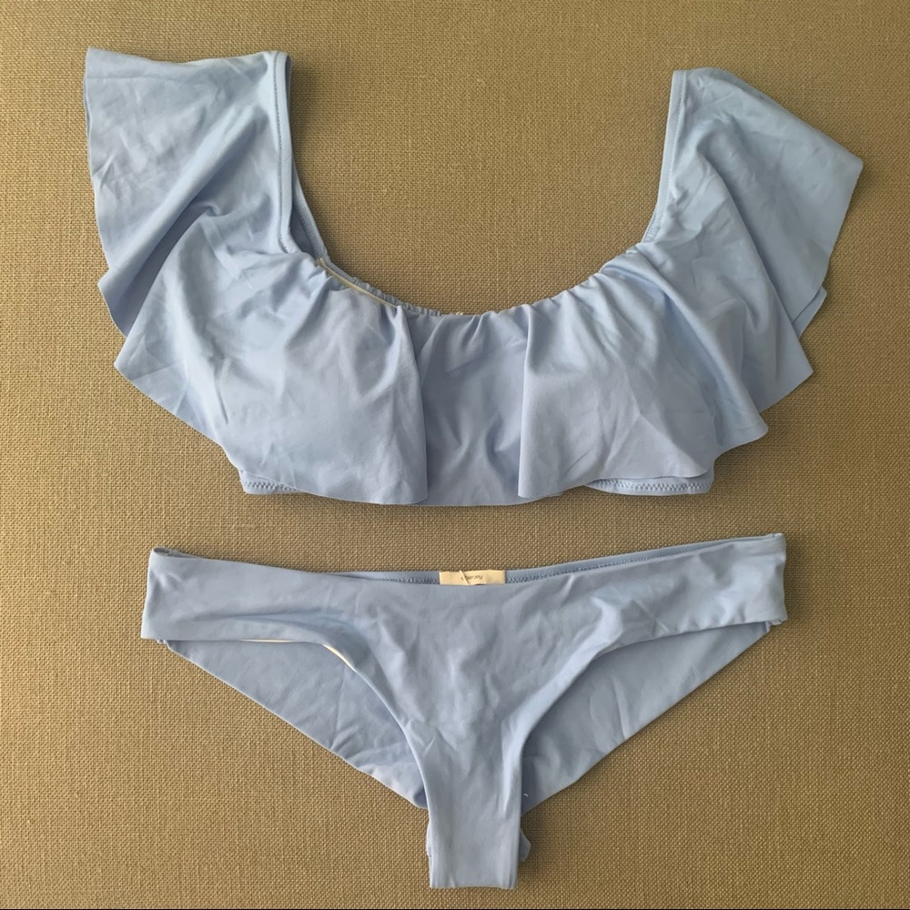 Eberjey Pique Margarita Bikini Top M Ruffle Off the Shoulder Coco Bottom L